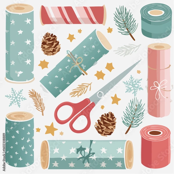 Obraz A vibrant collection of festive wrapping paper rolls, sharp scissors, natural pinecones, and various winter holiday decorations for crafting.