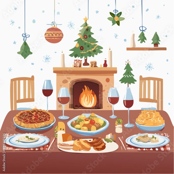 Obraz A warm and inviting Christmas dinner scene featuring a beautifully set table with various dishes, red wine, and a cozy fireplace adorned with festive decorations.