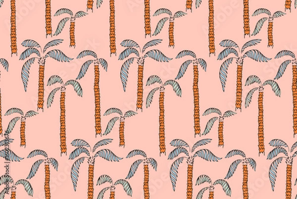 Fototapeta Seamless tropical vector pattern featuring hand drawn palm trees with textured trunks and curved leaves on a soft pastel background. Ideal for summer themed designs, textiles, wallpapers, packaging