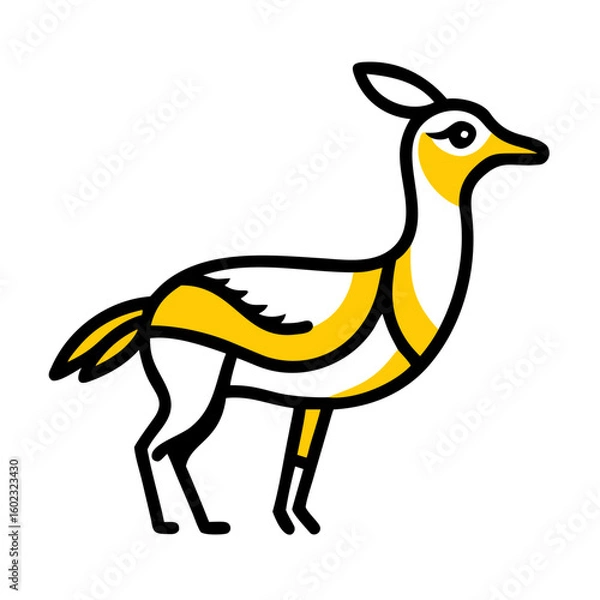 Fototapeta A stylized, geometric illustration of a yellow bird or dove, with simple angular wings and beak, against a plain white background.

