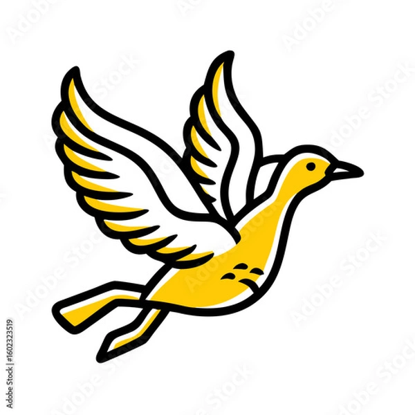Fototapeta A stylized, geometric illustration of a yellow bird or dove, with simple angular wings and beak, against a plain white background.
