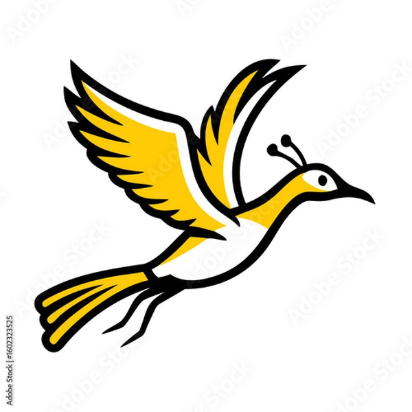 Fototapeta A stylized, geometric illustration of a yellow bird or dove, with simple angular wings and beak, against a plain white background.
