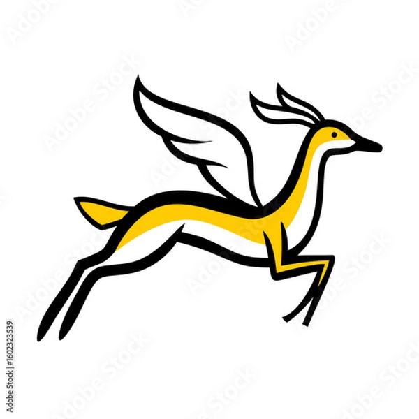 Fototapeta A stylized, geometric illustration of a yellow bird or dove, with simple angular wings and beak, against a plain white background.

