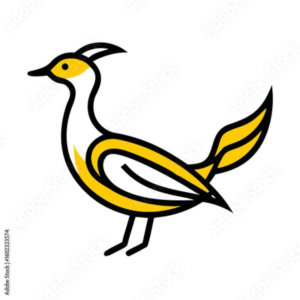 Fototapeta A stylized, geometric illustration of a yellow bird or dove, with simple angular wings and beak, against a plain white background.
