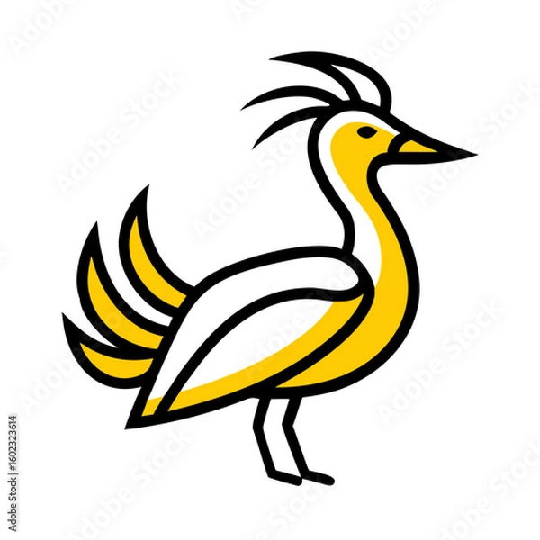 Fototapeta A stylized, geometric illustration of a yellow bird or dove, with simple angular wings and beak, against a plain white background.
