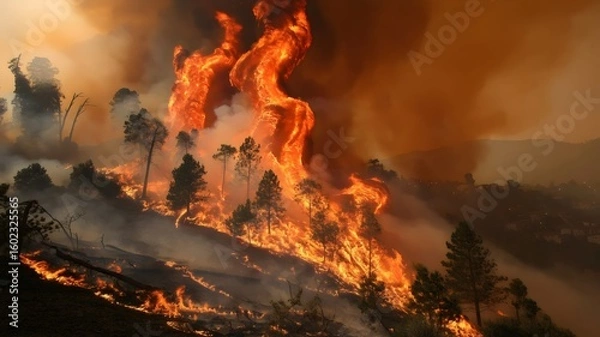 Obraz Intense wildfire raging across hillside, a powerful image of nature's destructive force and climate change impact