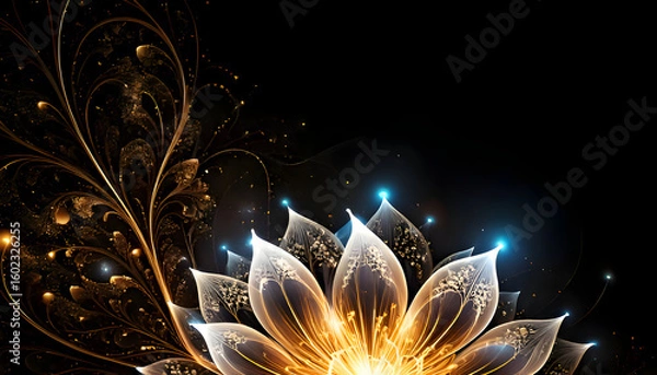 Fototapeta A glowing floral design with intricate patterns against a dark background.