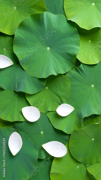 Fototapeta A serene arrangement of green lily pads with white petals, creating a tranquil nature scene.