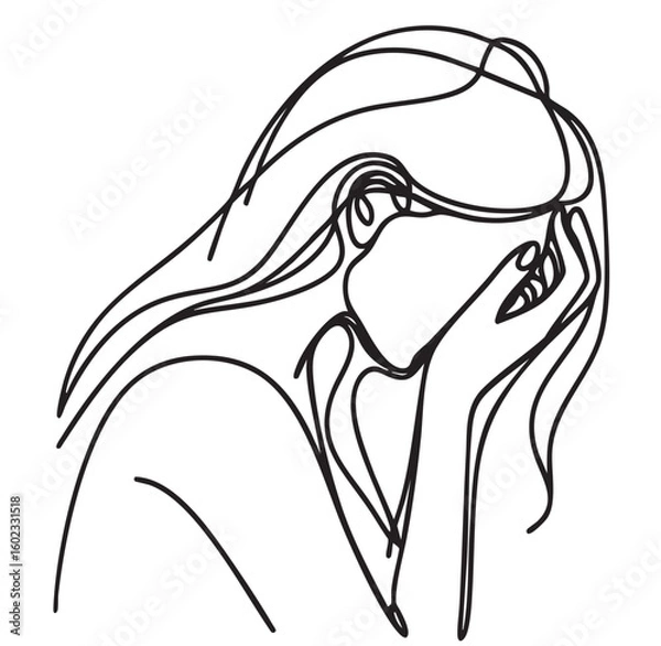 Fototapeta A woman is crying and her face is full of tears. She is looking down and her eyes are closed, depression, line sketch