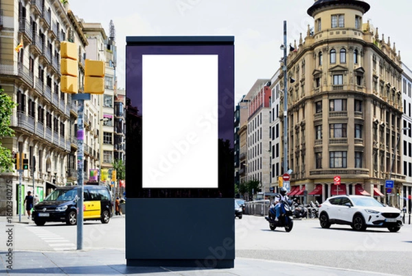 Fototapeta bus shelter with blank ad panel. billboard display. empty white lightbox sign at old street corner. billboard mockup. glass structure.. urban street traffic setting with red bus. outdoor advertising