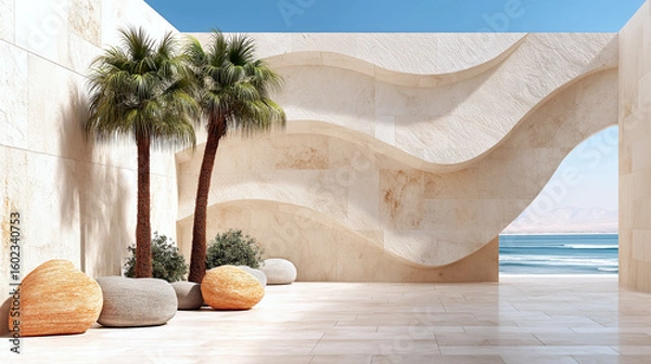 Fototapeta Modern beach resort view, stylish architecture with curved walls, tropical palm trees, serene ocean backdrop, ideal for relaxation.
