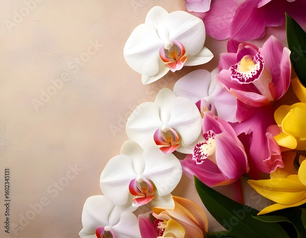 Fototapeta A vibrant arrangement of colorful orchids on a soft background.