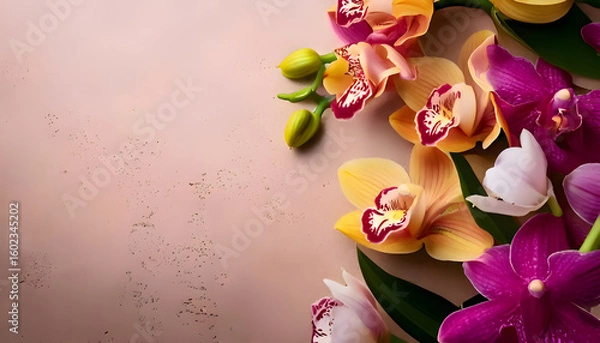 Fototapeta A vibrant arrangement of colorful orchids on a soft background.