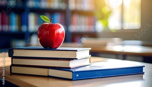 Fototapeta Illuminated scholastic atmosphere highlighting knowledge with a vibrant red apple