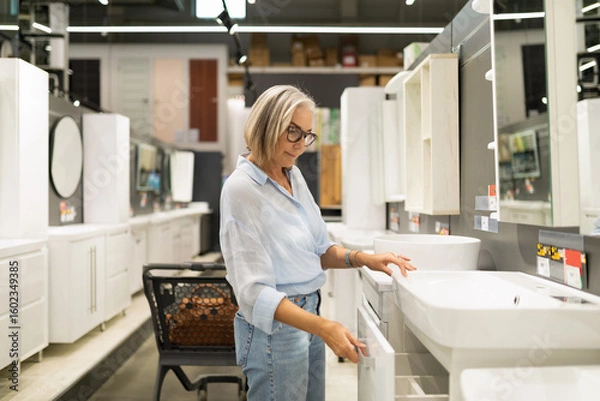 Obraz Woman selecting bathroom furniture in a home goods store while enjoying the shopping experience and examining various options