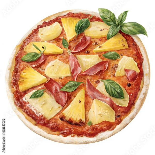 Fototapeta Delicious Hawaiian Pizza with Pineapple and Ham isolated on transparent background