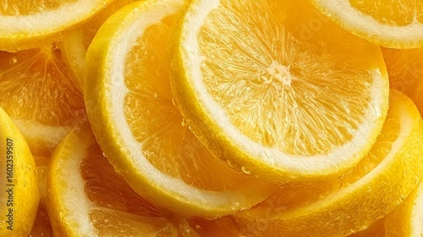 Fototapeta Fresh lemon slices arranged in a vibrant spiral with visible juice pockets, resting on a rustic wooden board under warm sunlight.