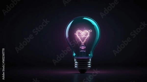 Fototapeta A glowing heart-shaped filament illuminates inside a lightbulb against a dark background.