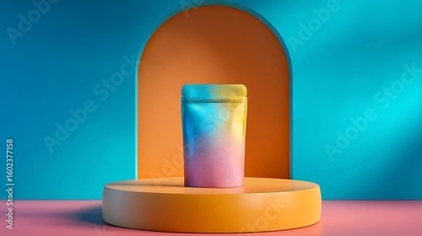 Fototapeta Colorful Pouch on Display Stand for Product Presentation Marketing and Branding with Vibrant Background and Modern Aesthetic Appeal