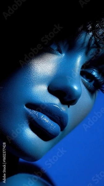 Obraz Dramatic blue-toned portrait of a woman with striking makeup and intense lighting.