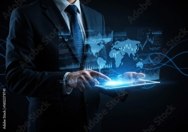 Obraz Global Business Intelligence: Man Analyzing Data on Tablet