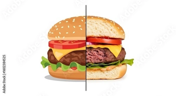 Fototapeta A split-view illustration of a hamburger, showcasing its internal components and ingredients.