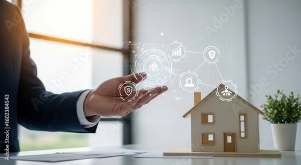 Obraz Real Estate Digitalization: House Model with Data Network Overlay