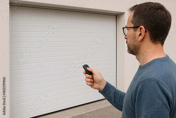 Fototapeta Generative AI: Garage door PVC. man use remote controller for closing and opening garage door
