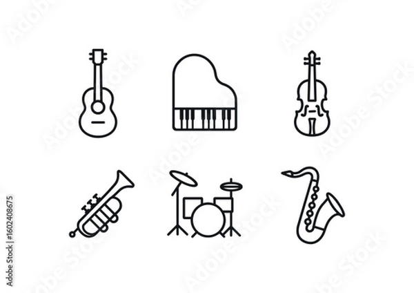 Fototapeta stroke icon mono icons style isolated music (instments): guitar piano violin tmpet dm saophone