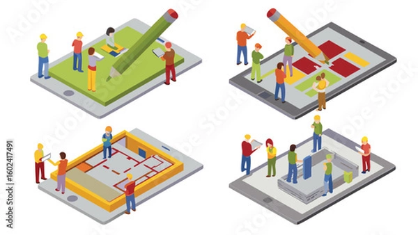 Fototapeta Isometric representation of collaborative planning on tablets with miniature figures and pencils