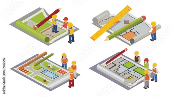 Obraz Isometric view of construction workers reviewing architectural plans with tools and blueprints laid out