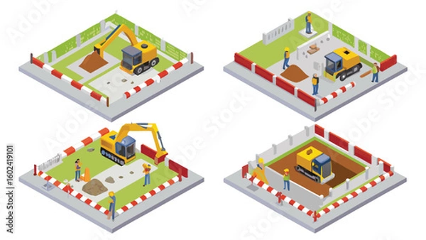 Obraz Isometric construction site showing excavators and workers in different stages of building project work area
