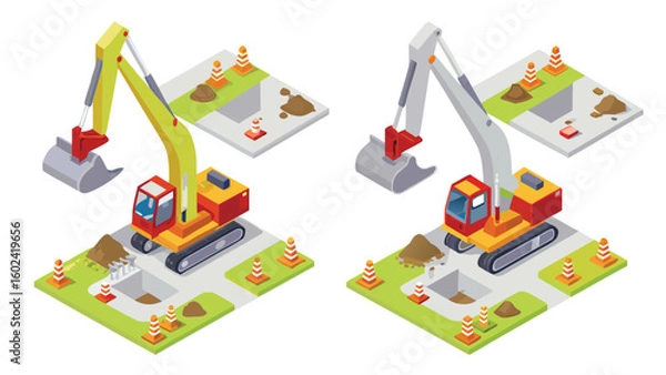 Fototapeta Isometric view showing two excavators digging holes with traffic cones around the construction sites