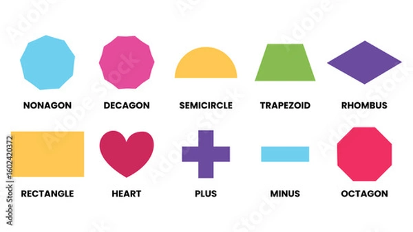 Fototapeta Basic and Unique Shapes Rectangle, Heart, Plus, Minus, Semi-Circle, Cylinder, Octagon, Rhombus Vector for Education & Design