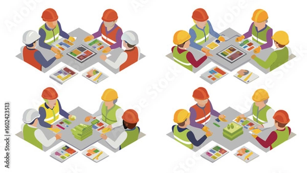 Fototapeta Isometric view of construction workers in hard hats and vests around tables discussing plans and documents