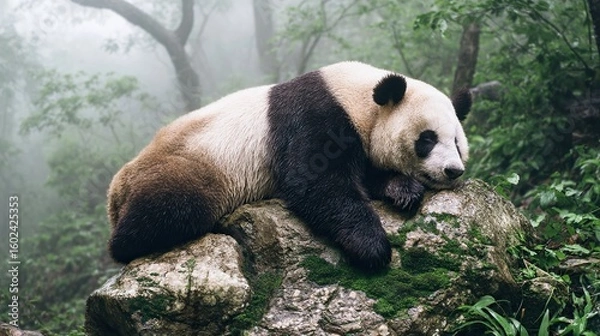 Fototapeta Giant panda resting on mossy rock in bamboo forest, a moment of peace in nature's embrace