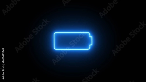 Fototapeta Neon line battery charging icon illustration. Neon blue power button icon on black background.