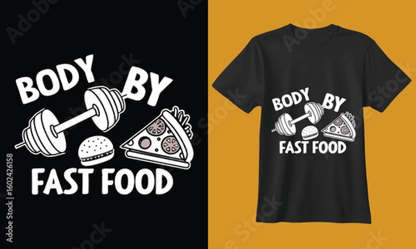 Fototapeta Humorous t shirt design showcasing a dumbbell burger and pizza slice with the text body by fast food