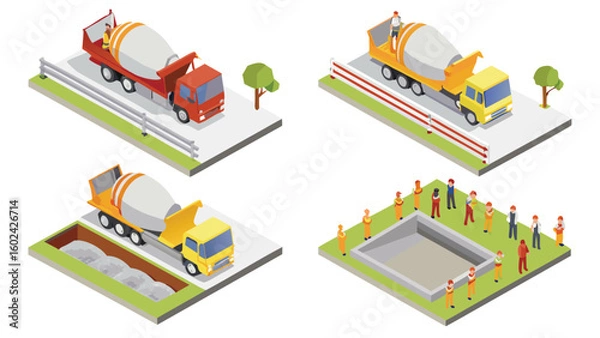 Fototapeta Isometric view of construction site showing cement trucks and workers around foundation pit