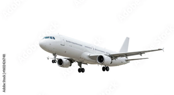 Fototapeta Modern, sleek, white twin-engine commercial passenger airplane with visible windows and extended landing gear, expertly posed against a pristine, shadowless white studio background. Concept of modern