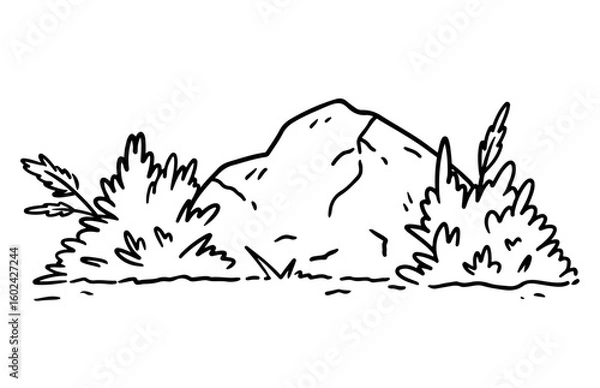 Fototapeta Stones in the grass and bushes isolated on a white background. Vector hand-drawn illustration in outline style. Landscape sketch. Perfect for cards, decorations, logo, various designs.