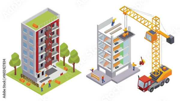 Fototapeta Isometric view of buildings under construction with crane and construction workers on the site shown here
