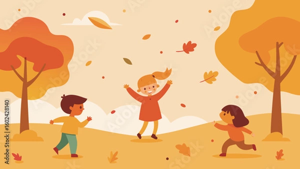 Fototapeta Children playing park falling leaves warm