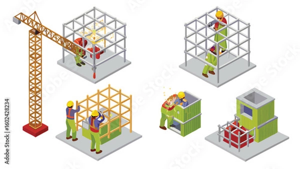Obraz Isometric construction site showing workers building structures and using a crane for lifting tasks