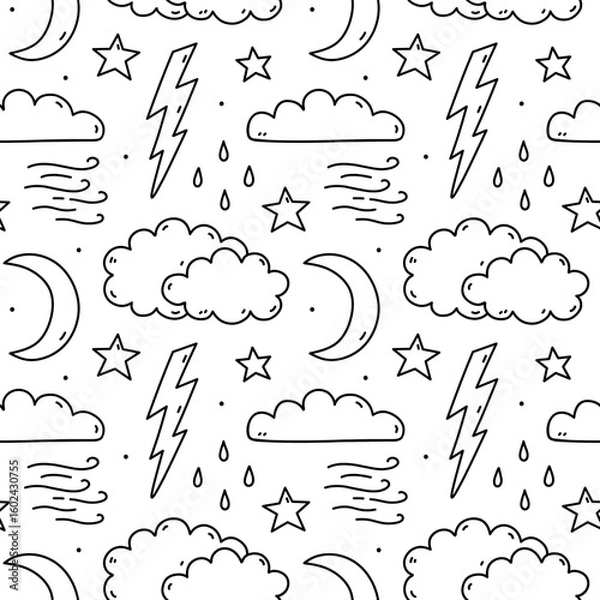 Fototapeta Cute seamless pattern with weather elements - clouds, rain, wind, lightning, moon and stars. Vector hand-drawn doodle illustration. Perfect for print, wallpaper, decorations.