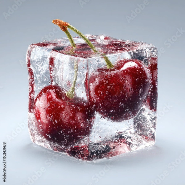 Fototapeta Two cherries frozen inside a clear ice cube with stems visible on a light gray background studio shot