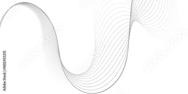 Fototapeta An abstract background featuring a series of thin, undulating, grayscale lines that create a dynamic wave pattern across a white canvas, suggesting sound waves or data flow.