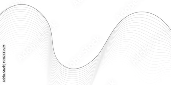 Fototapeta An abstract background featuring a series of thin, undulating, grayscale lines that create a dynamic wave pattern across a white canvas, suggesting sound waves or data flow.