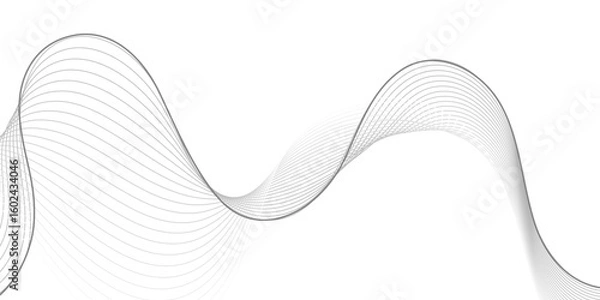 Fototapeta An abstract background featuring a series of thin, undulating, grayscale lines that create a dynamic wave pattern across a white canvas, suggesting sound waves or data flow.