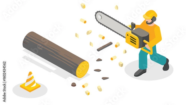 Fototapeta Isometric view of a lumberjack cutting wood with a chainsaw next to a traffic cone and wood chips around